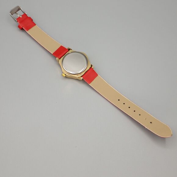 Geneva Ladies Gold Tone Flower Watch Jewel Bezel Red Faux Leather w New Battery - Picture 8 of 10
